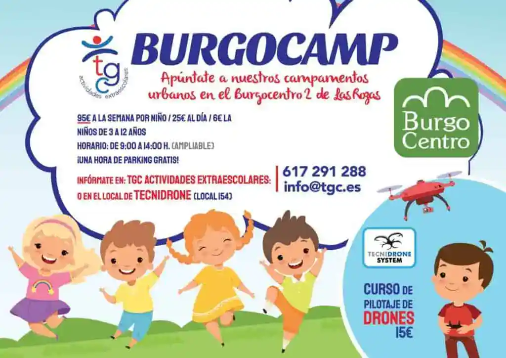 Cartel de Burgocamp, campamento urbano de TGC en Burgocentro con curso de pilotaje de drones